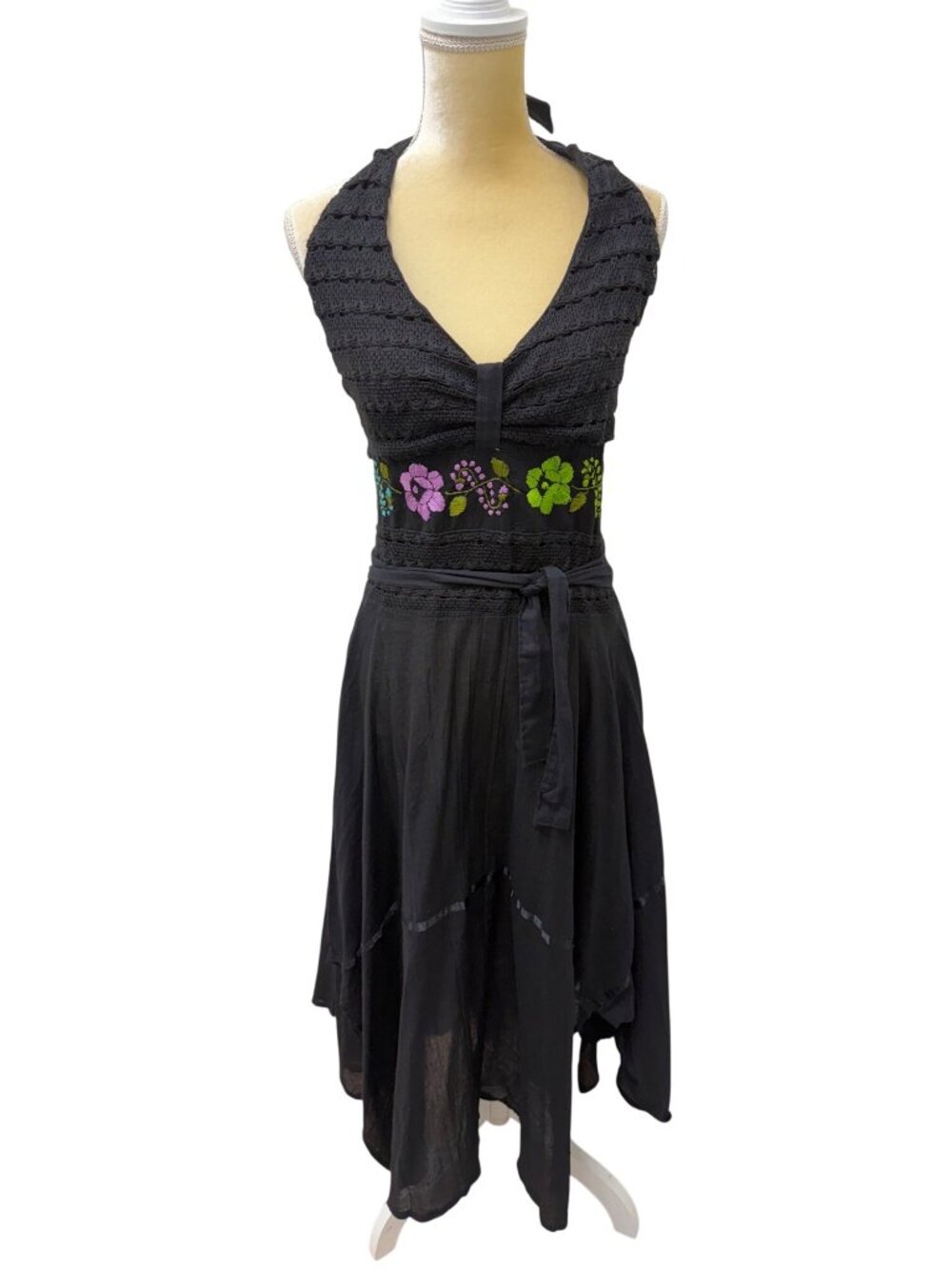 Mexican Cotton Halter Midi Dress with Embroidered Waist & Low Back Women's Small